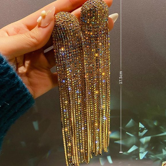 Gold Preppy Womens Rhinestone Tassel Drop Earrings - Picture 3 of 3